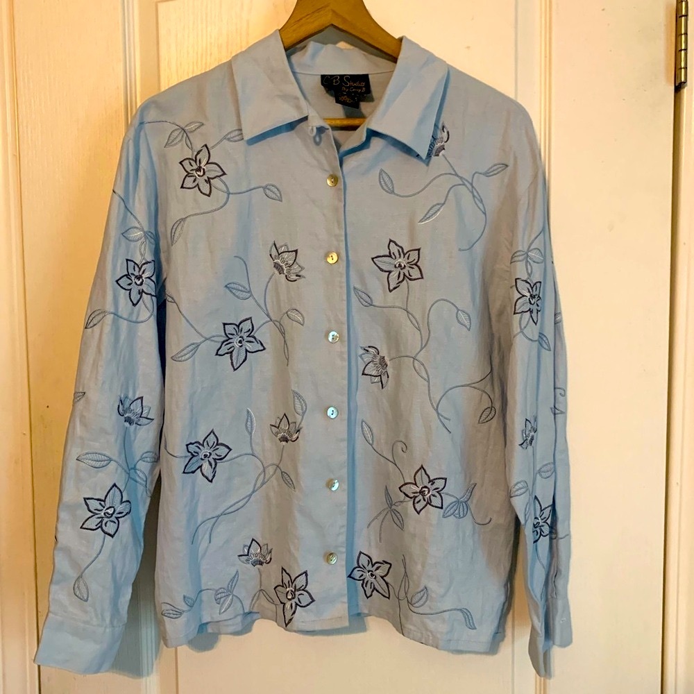 Linen Blue Floral Embroidered Blouse Small Grandma Cottagecore Prairie Top